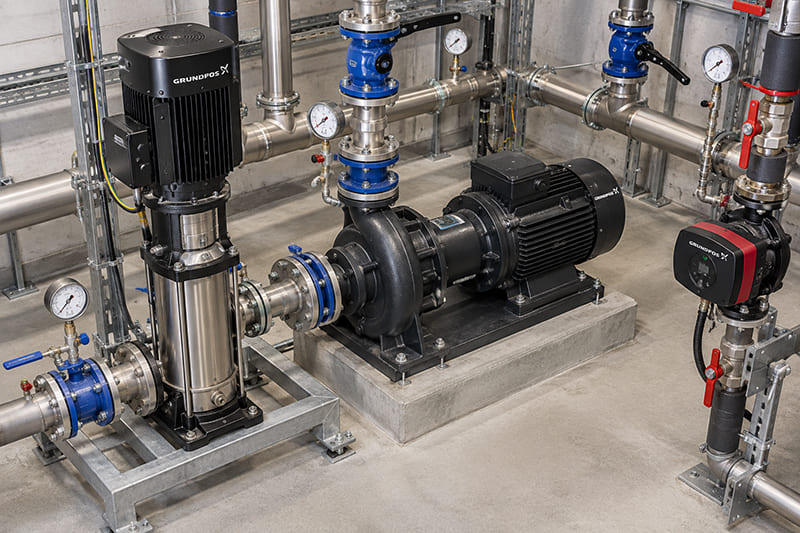 Насосы Grundfos разных типов в техническом помещении