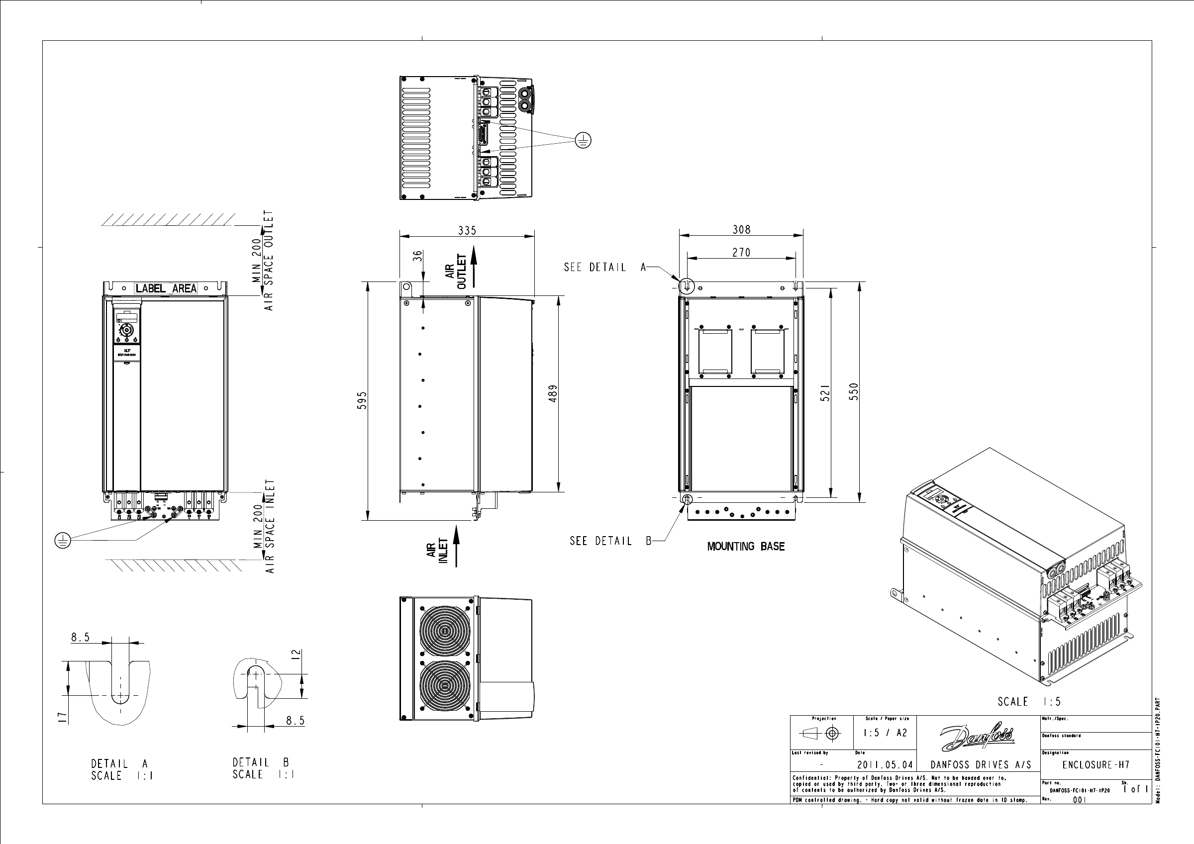 Габаритный чертёж корпуса H7 IP20 частотного преобразователя Danfoss VLT HVAC Basic Drive FC 101 (131L9905)