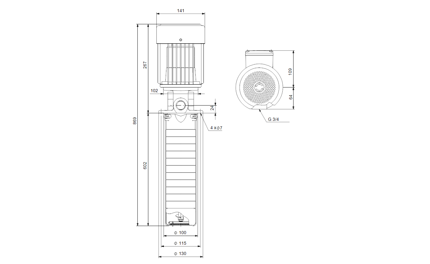 Габаритный чертёж вертикального многоступенчатого насоса Grundfos SPK2-23/8 A-W-A-AUUV 3x230/400 50 Hz 3HDH0708