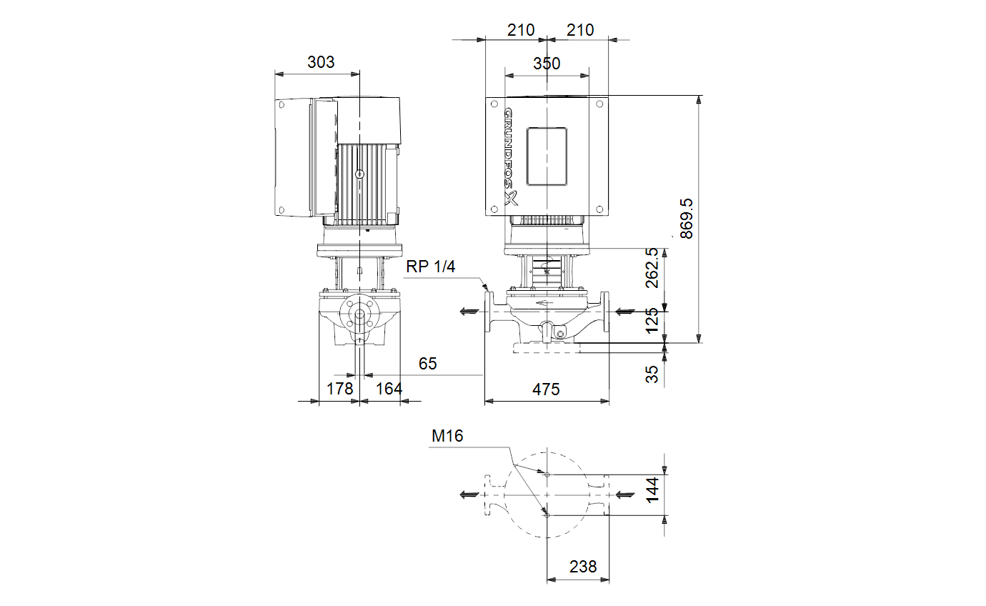 Габаритный чертёж центробежного насоса «ин-лайн» Grundfos TPE 65-660/2 A F B BQQE 92951811