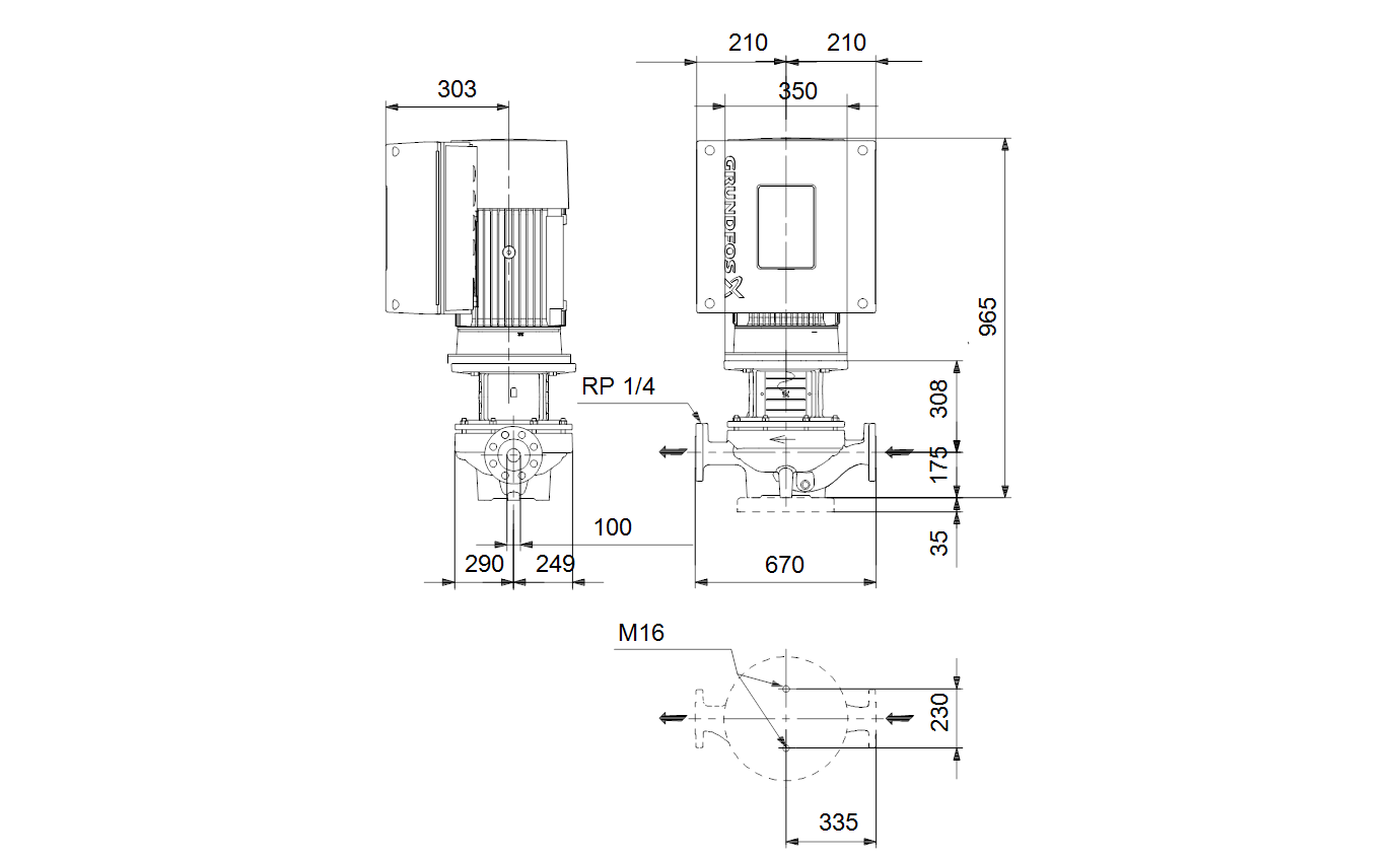 Габаритный чертёж центробежного насоса «ин-лайн» Grundfos TPE 100-250/4-S A F A BQQE 92952094