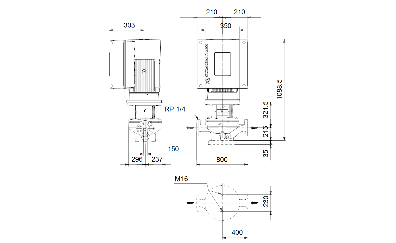 Габаритный чертёж центробежного насоса «ин-лайн» Grundfos TPE 150-250/4-A-F-B-BQQE 400D 50HZ 92952618