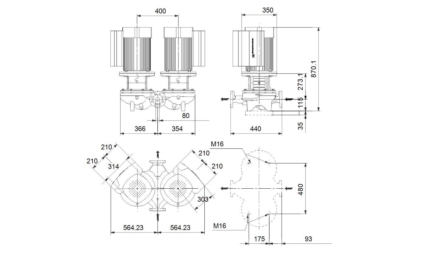Габаритный чертёж центробежного насоса «ин-лайн» Grundfos TPED 80-400/2 A F A BQQE 92958049