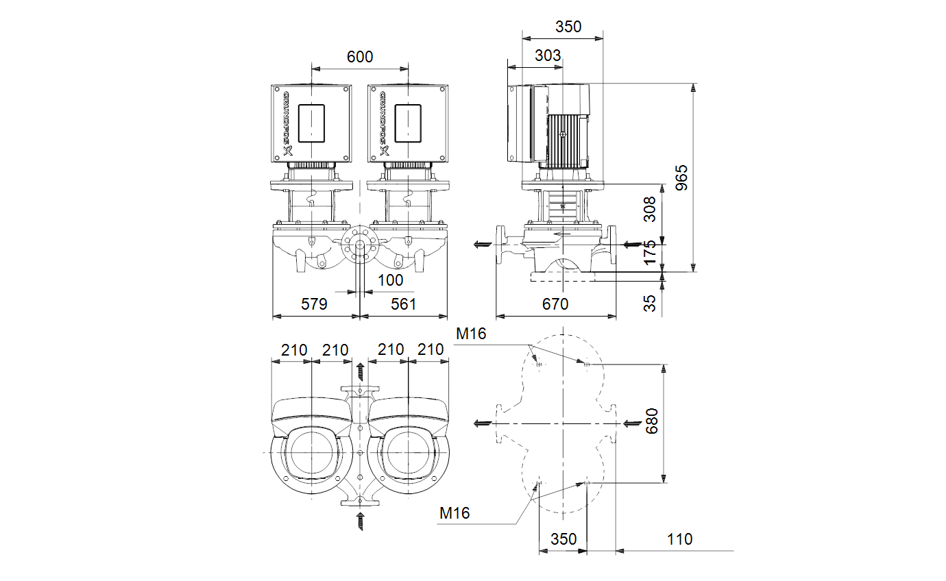 Габаритный чертёж центробежного насоса «ин-лайн» Grundfos TPED 100-330/4 A F A BQQE 92958955
