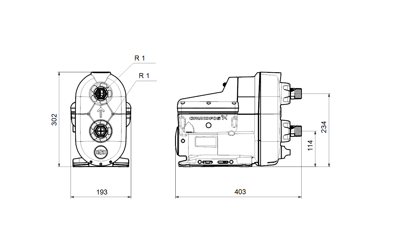 Габаритный чертёж Насосная станция Grundfos SCALA2 3-45 AKCCDE 1x200-240V 50/60Hz 93013254