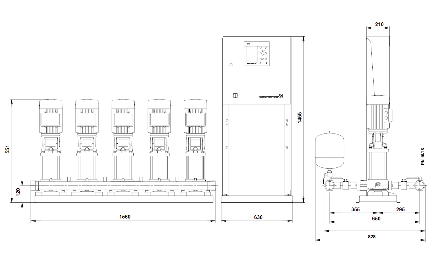 Габаритный чертёж Установка повышения давления Grundfos Hydro MPC-S 5 CR3-5 U4 D-B-A-GHV 95044680