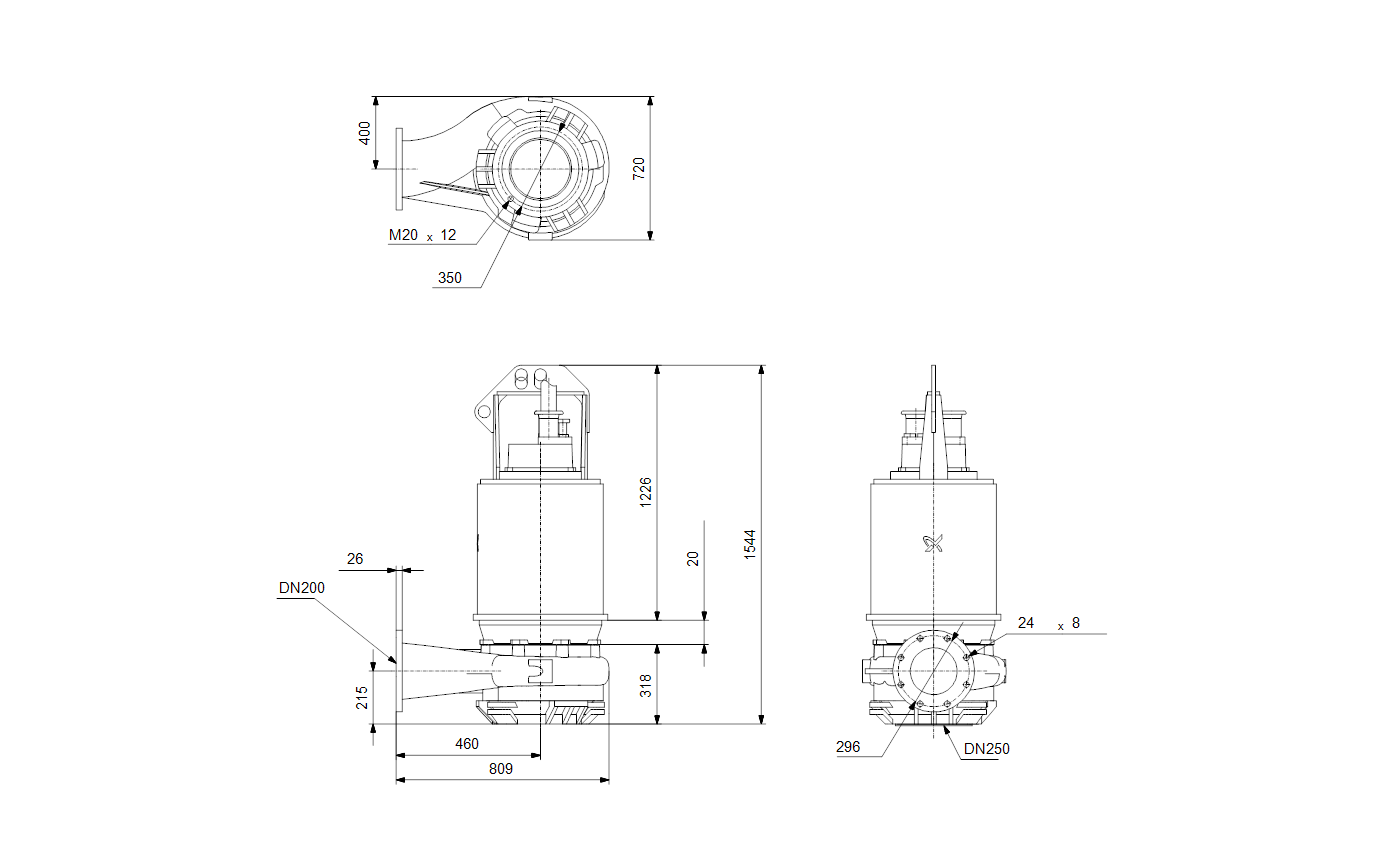Габаритный чертёж канализационного насоса Grundfos S2.100.200.550.4.66M.H.338.G.N.D.511 95112755