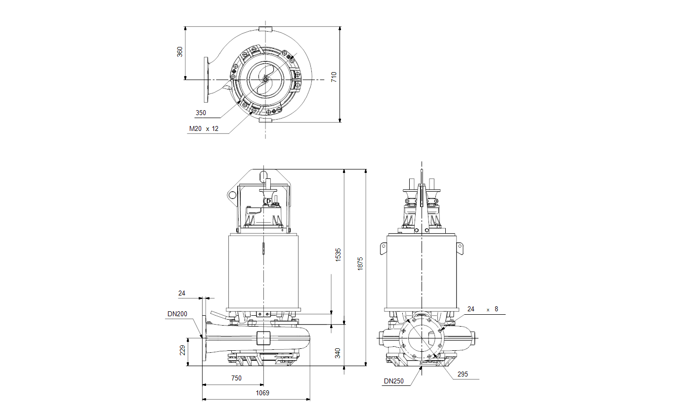 Габаритный чертёж канализационного насоса Grundfos S2.90.200.1600.4.70S.H.480.G.N.D.511 95112926