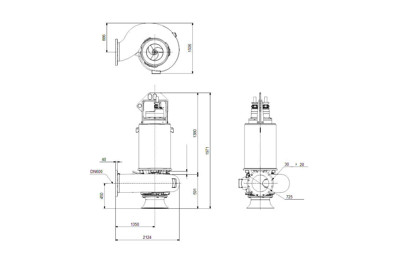 Габаритный чертёж канализационного насоса Grundfos S3.120.600.1000.6.70E.S.402.G.N.D.511 95112957