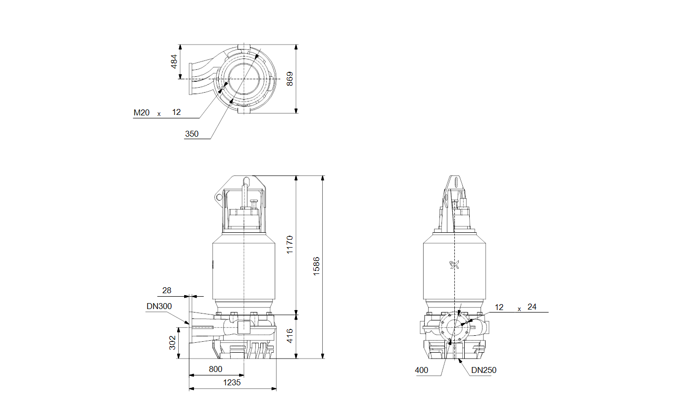 Габаритный чертёж канализационного насоса Grundfos S2.100.300.500.4.62E.D.289.G.N.D.511 95113238