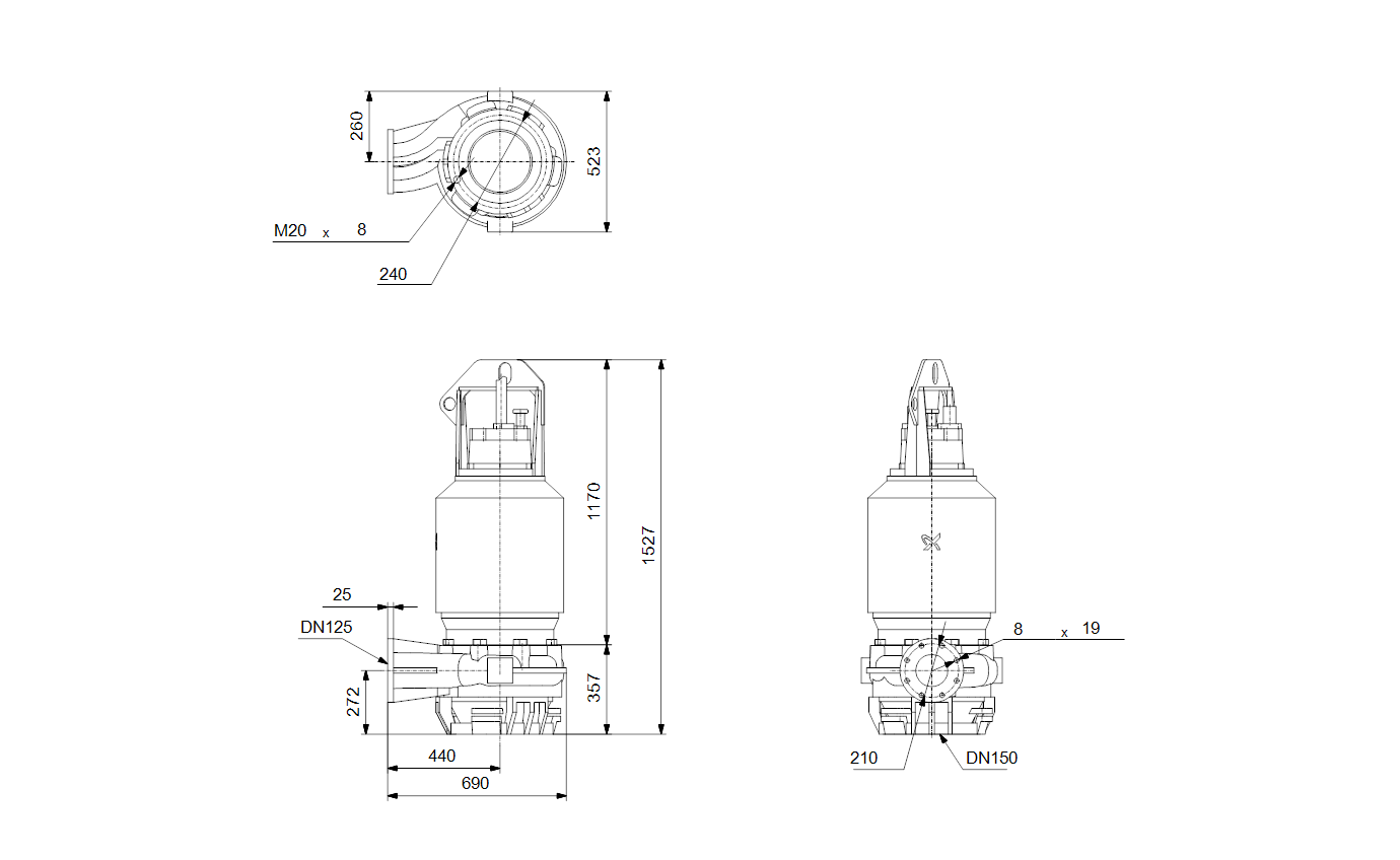 Габаритный чертёж канализационного насоса Grundfos S1.80.125.400.4.62H.D.374.G.N.D.511 95113647