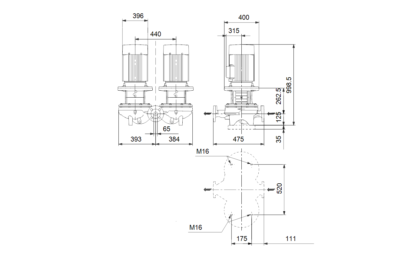 Габаритный чертёж Центробежный насос Grundfos TPD 65-930/2 A-F-A-BAQE-RX1 96087570