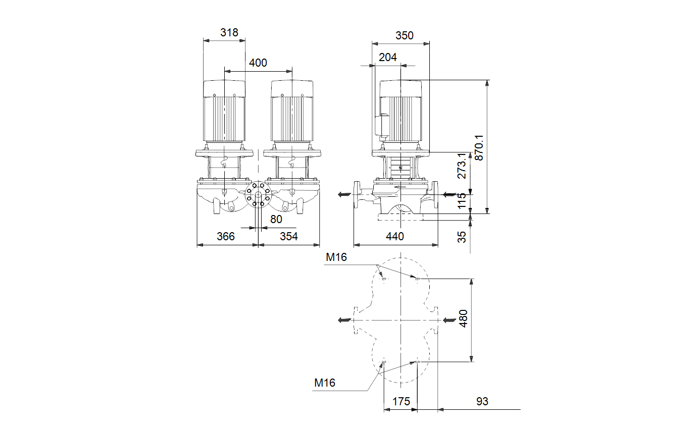Габаритный чертёж Центробежный насос Grundfos TPD 80-400/2 A-F-B-BAQE-OX1 96108813