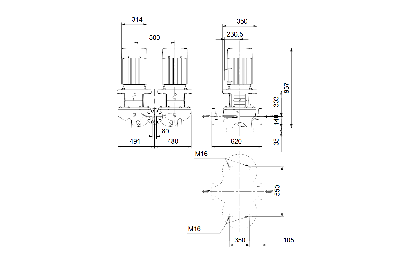 Габаритный чертёж Центробежный насос Grundfos TPD 80-340/4 A-F-A-BAQE-NX3 96108884