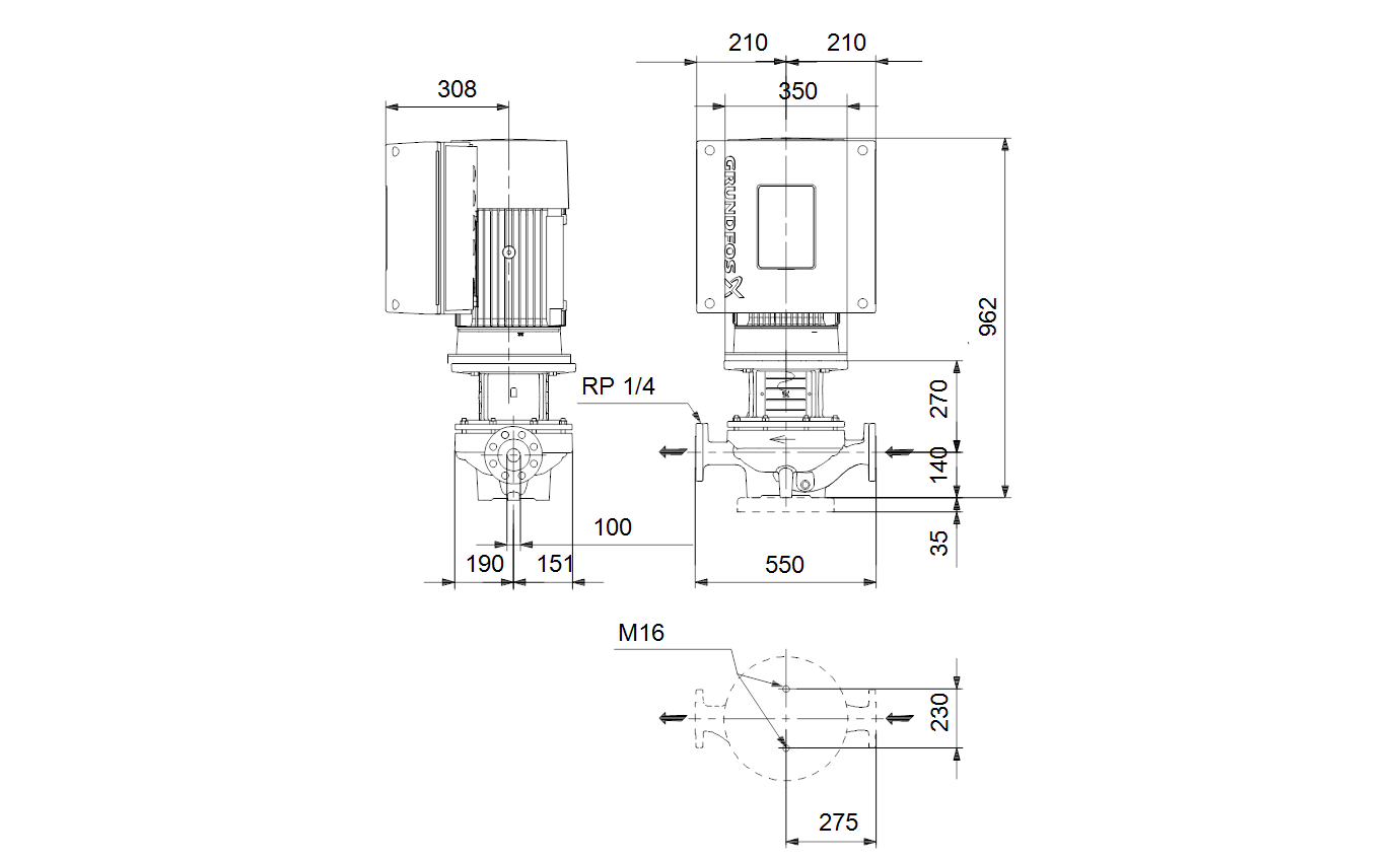 Габаритный чертёж Центробежный насос Grundfos TPE 100-390/2 A-F-A-BAQE-QX1 96110285