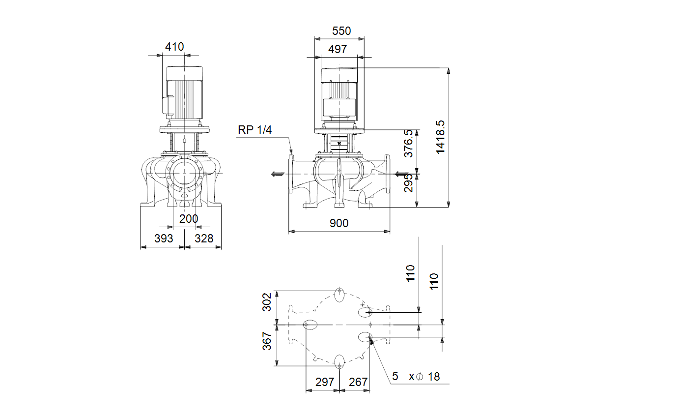 Габаритный чертёж Центробежный насос Grundfos TP 200-320/4 A-F-A-BAQE-UX3 96306007