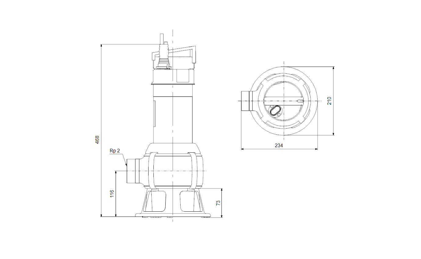 Габаритный чертёж дренажного насоса Grundfos Unilift AP50B.50.08.A1V 1x230V 10m SCH 96468354