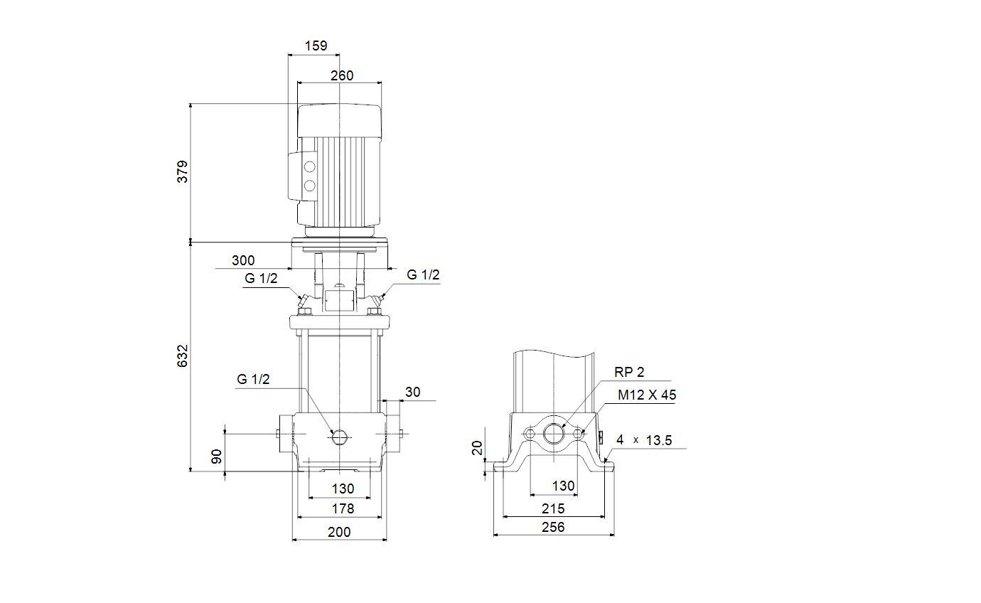 Габаритный чертёж Многоступенчатый вертикальный насос Grundfos CR20-6 A-A-A-V-HQQV 3x400/690 50 HZ 96500606