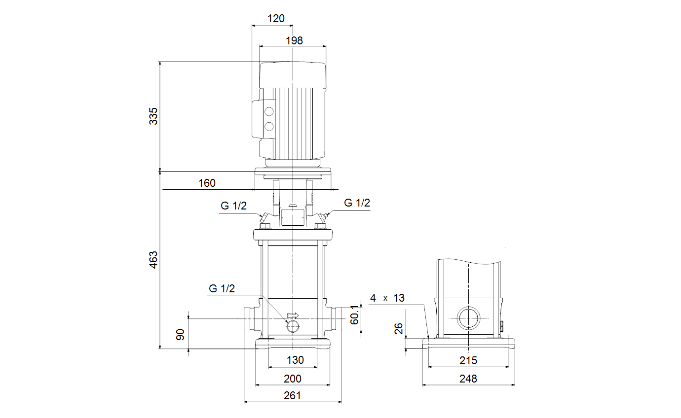 Габаритный чертёж многоступенчатого вертикального насоса Grundfos CRN15-3 A-P-A-V-HQQV 3x400D 50 HZ 96502038