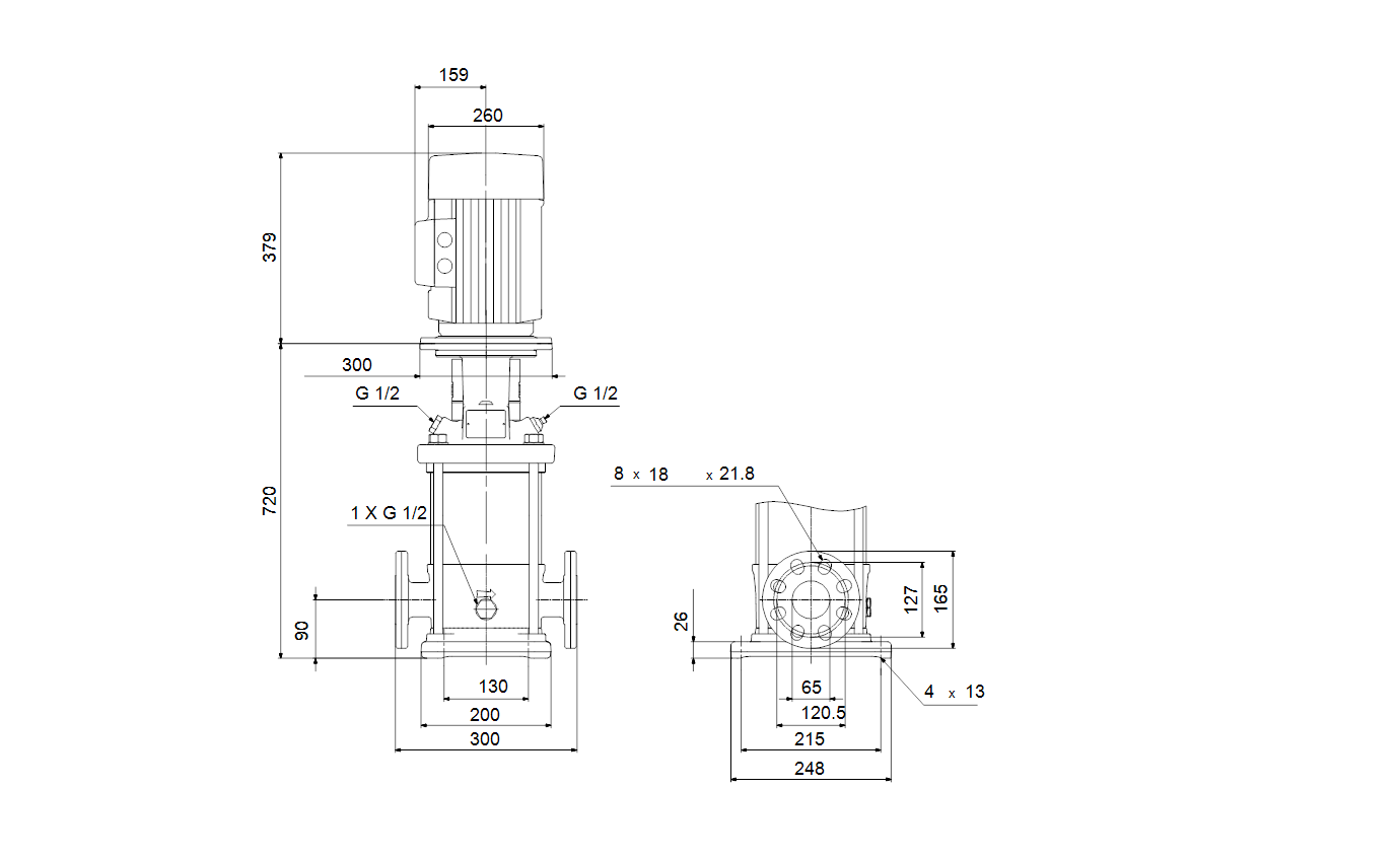 Габаритный чертёж Многоступенчатый вертикальный насос Grundfos CRN15-8 A-FGJ-A-V-HQQV 3x400/690 50 HZ 96502055