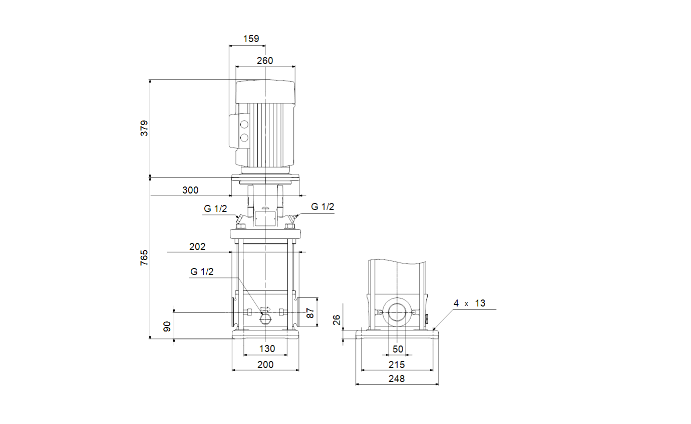 Габаритный чертёж Многоступенчатый вертикальный насос Grundfos CRN15-9 A-CA-A-V-HQQV 3x400/690 50 HZ 96502068