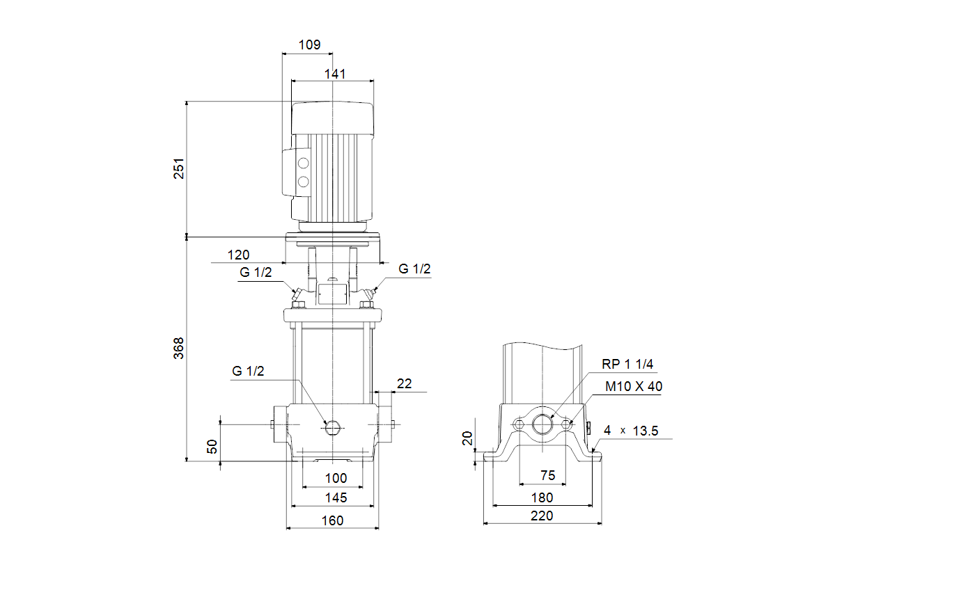 Габаритный чертёж Многоступенчатый вертикальный насос Grundfos CR5-6 A-A-A-E-HQQE 3x230/400 50HZ 96516979