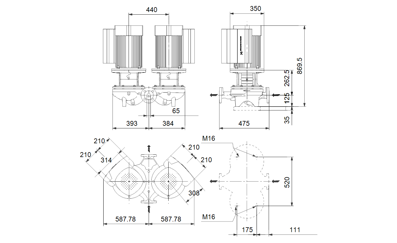 Габаритный чертёж Центробежный насос Grundfos TPED 65-550/2 S-A-F-A-BAQE-OX1 96945771