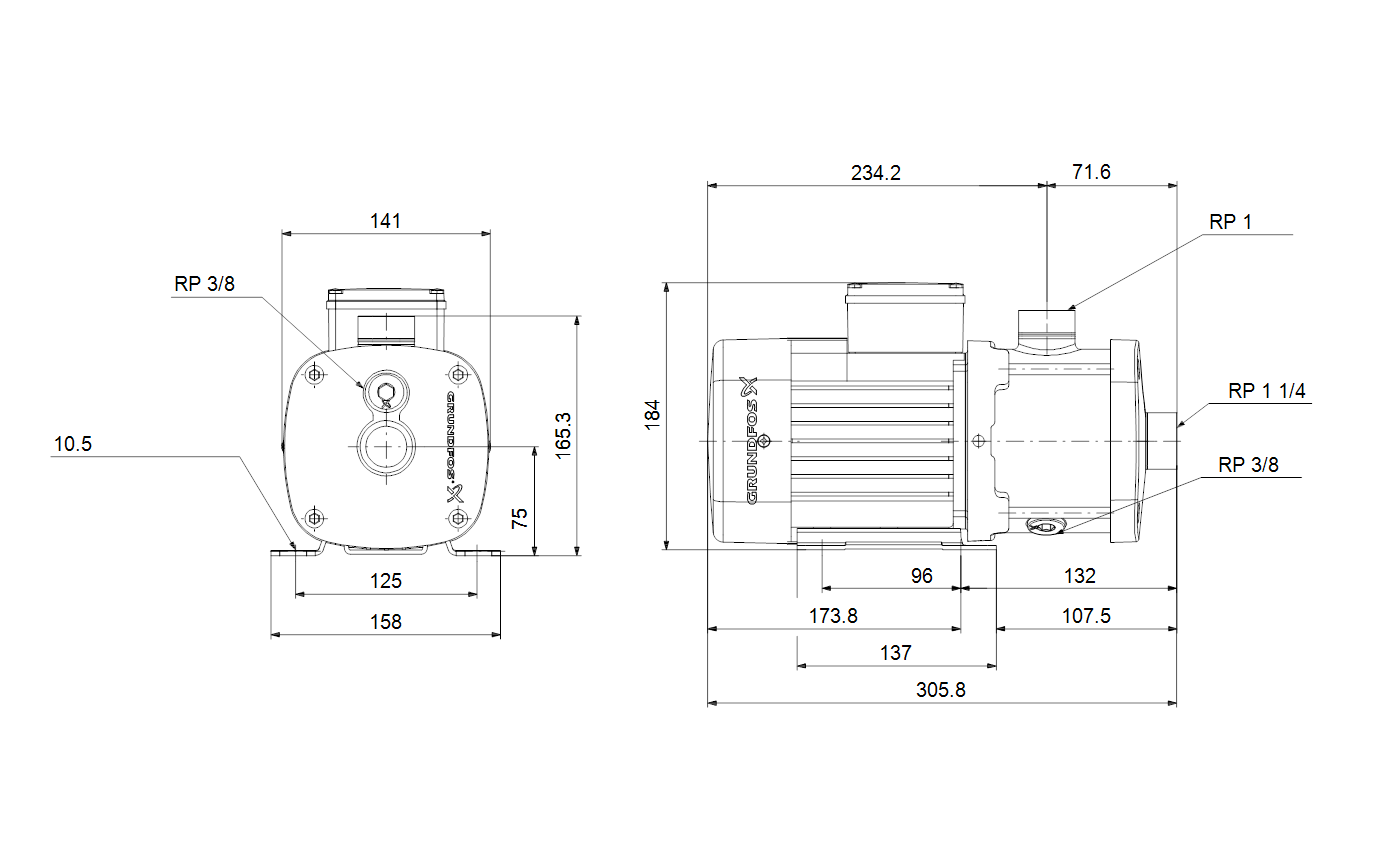 Габаритный чертёж центробежного насоса Grundfos CM5-3 A-R-I-V-AQQV F-A-A-N 96961064