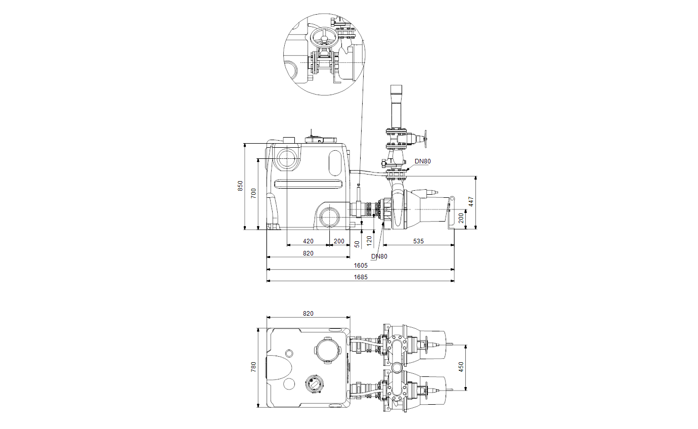 Габаритный чертёж канализационной насосной установки Grundfos Multilift MDV.65.80.22.2.50D/450.SL 97577818