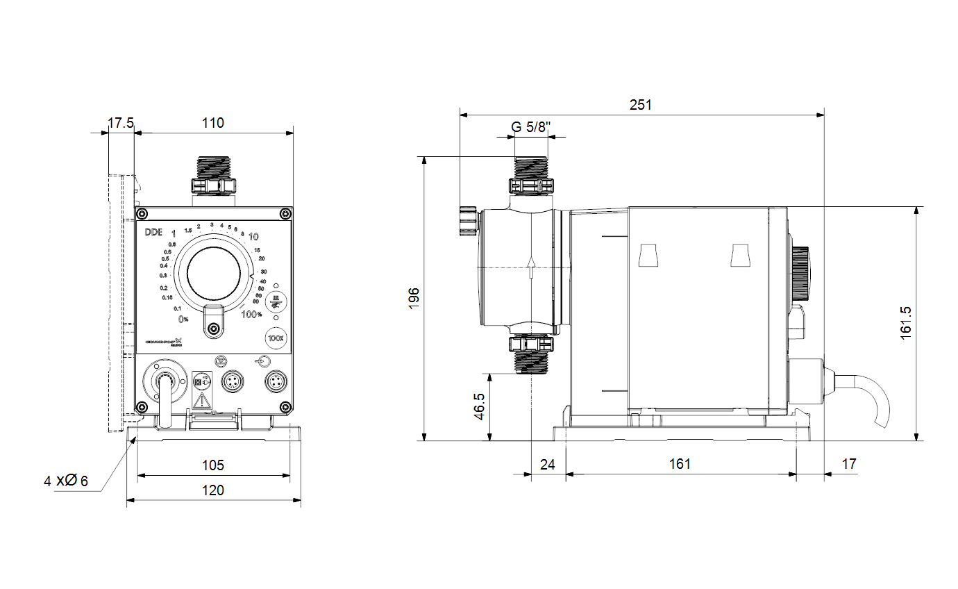 Габаритный чертёж дозировочного насоса Grundfos DDE 6-10 B-PV/E/C-X-32I001FG 97720938