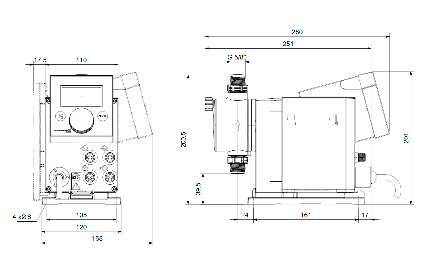 Габаритный чертёж дозировочного насоса Grundfos DDA 12-10 AR-PVC/V/C-F-32U2U2FG 97722054