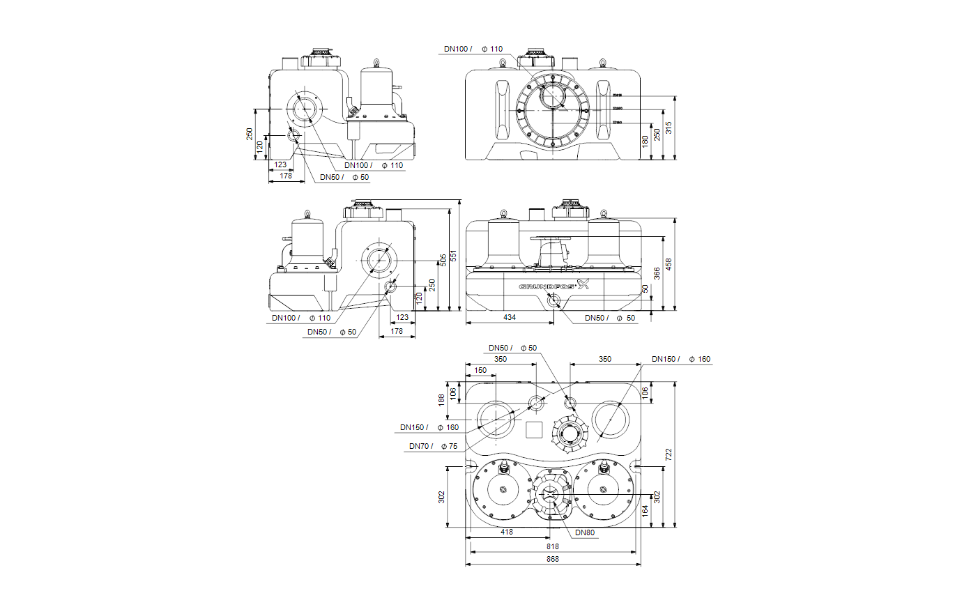Габаритный чертёж канализационной насосной установки Grundfos Multilift MD.38.3.2 3x400V 10M 97901103