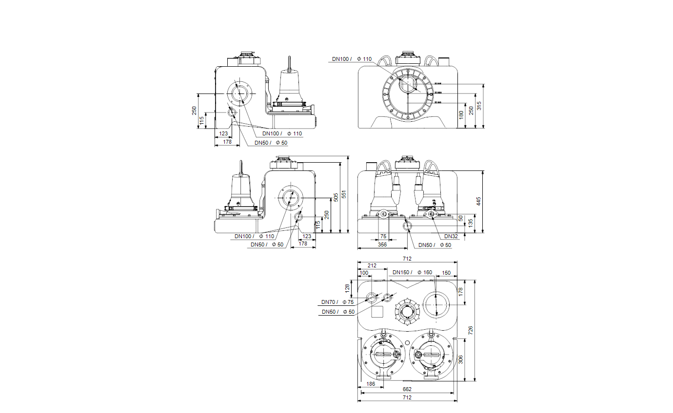 Габаритный чертёж канализационной насосной установки Grundfos Multilift MDG.09.3.2 3x400V 97901137