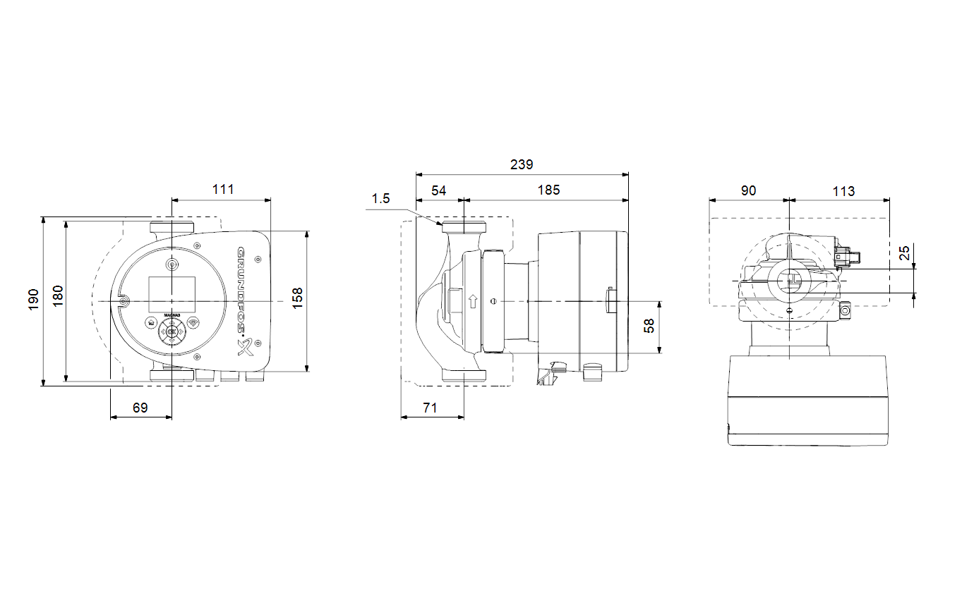 Габаритный чертёж циркуляционного насоса Grundfos MAGNA3 25-100 180 1x230V PN16 97924252