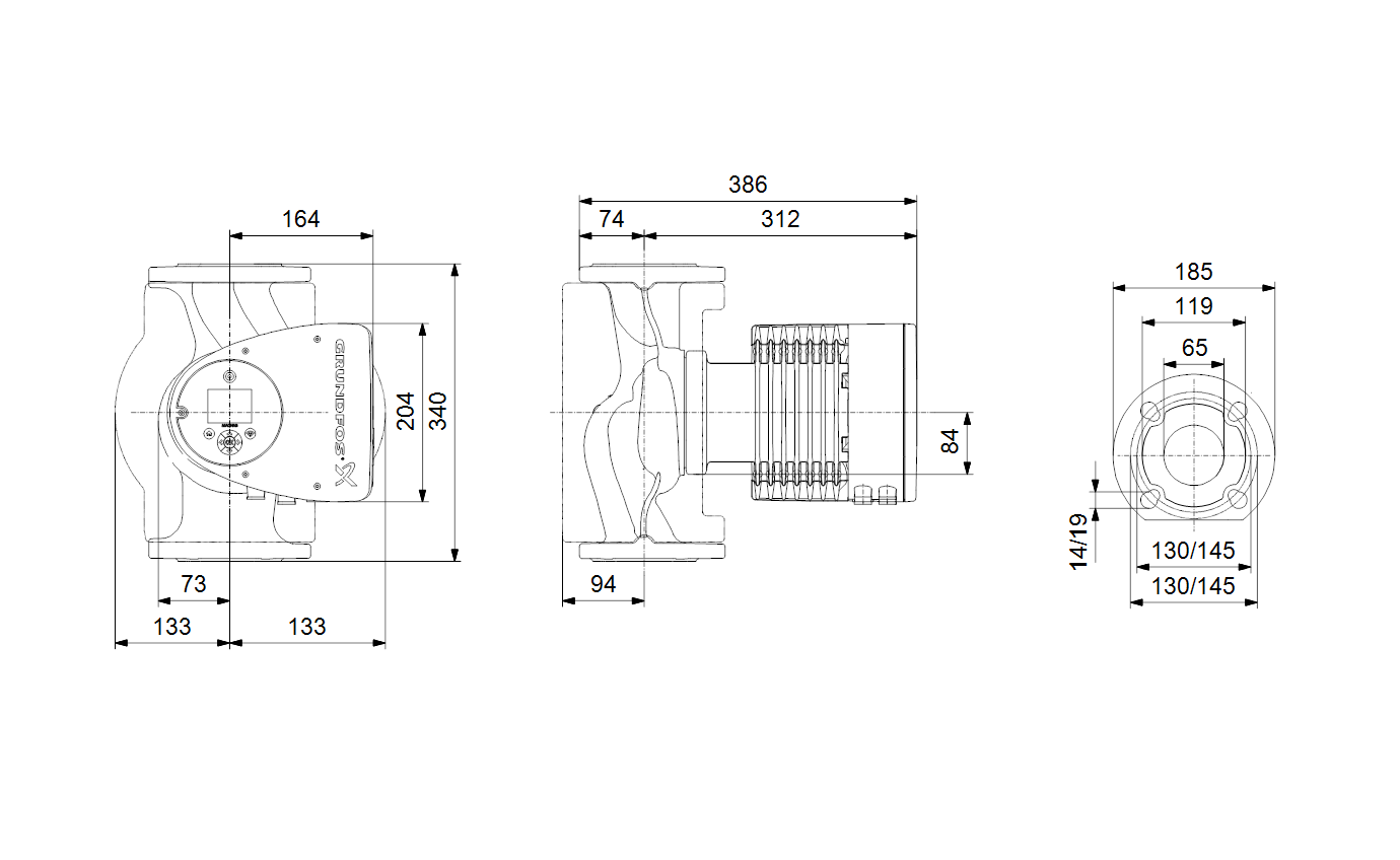 Габаритный чертёж циркуляционного насоса Grundfos MAGNA3 65-150 F 340 1x230V PN16 97924305