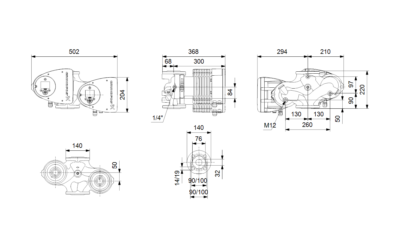 Габаритный чертёж циркуляционного насоса Grundfos MAGNA3 D 32-120 F 220 1x230V PN16 97924460