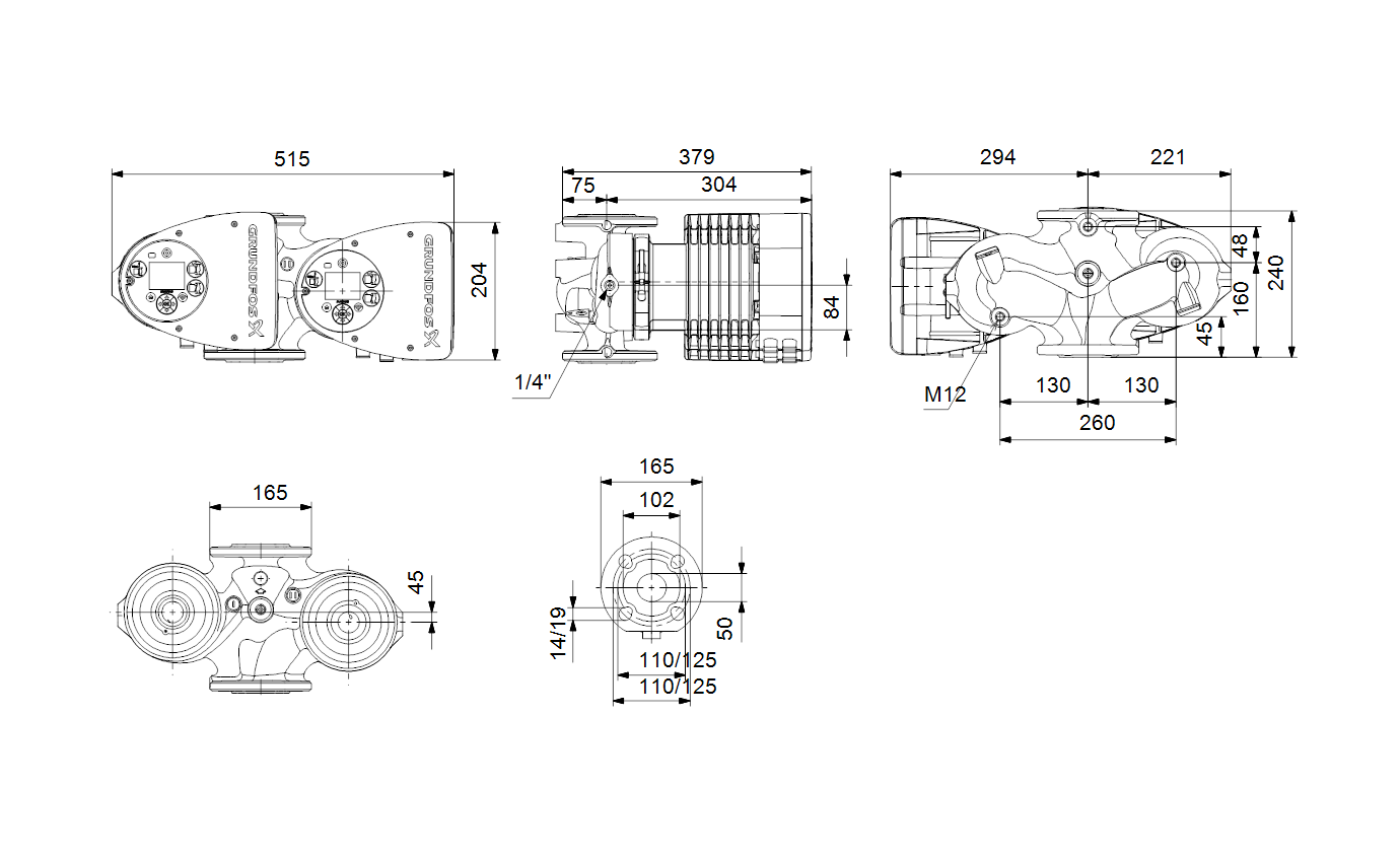 Габаритный чертёж Циркуляционный насос Grundfos MAGNA3 D 50-40 F 240 1x230V PN6/10 97924475