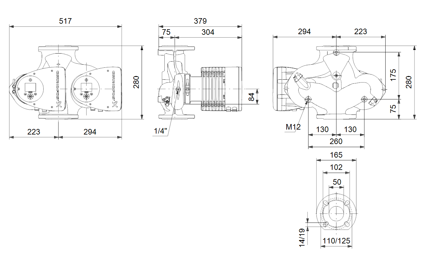 Габаритный чертёж циркуляционного насоса Grundfos MAGNA3 D 50-150 F 280 1x230V PN6/10 97924480