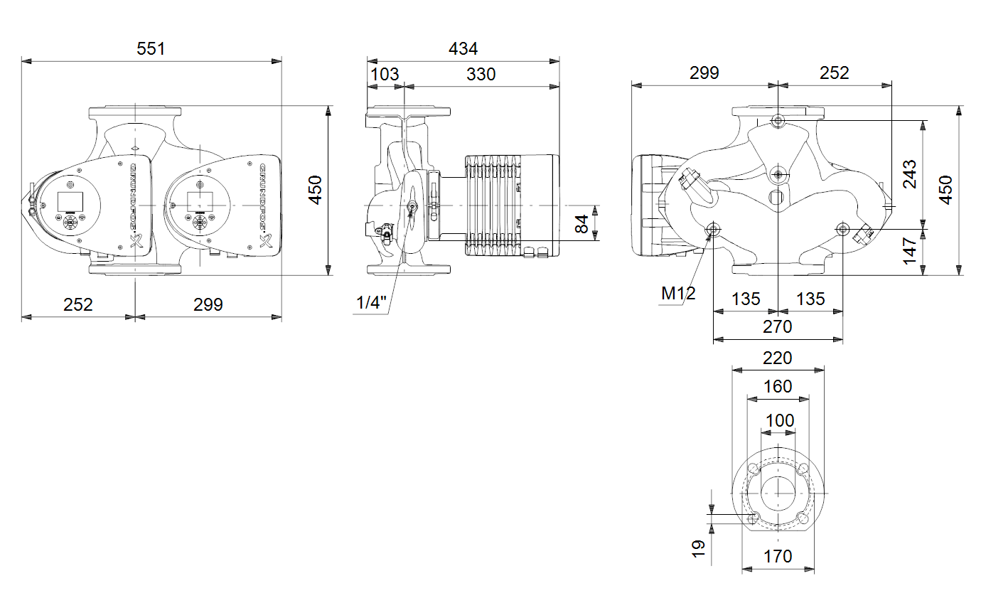 Габаритный чертёж Циркуляционный насос Grundfos MAGNA3 D 100-40 F 450 1x230V PN6 97924506