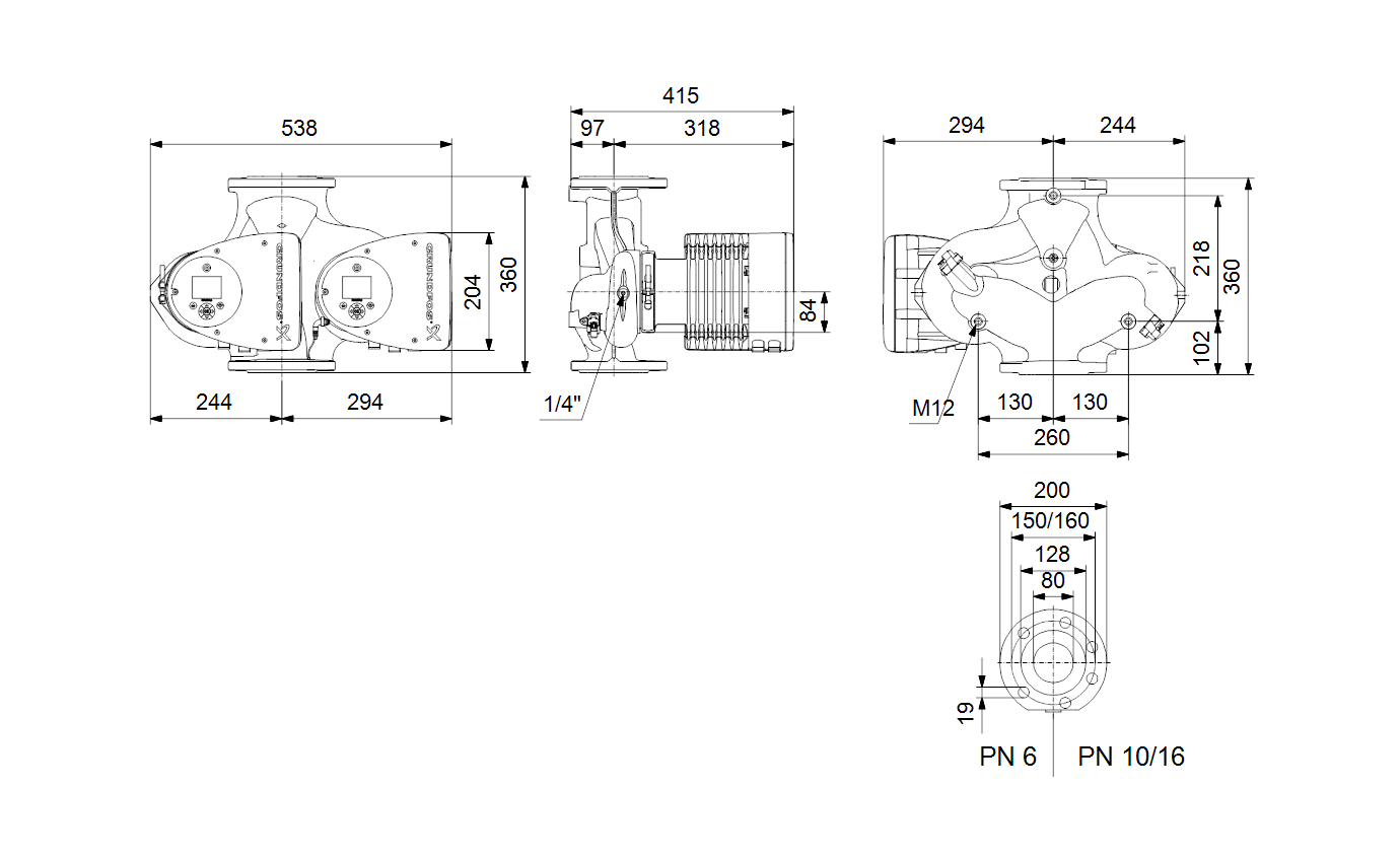 Габаритный чертёж циркуляционного насоса Grundfos MAGNA3 D 80-120 F 360 1x230V PN16 97924525