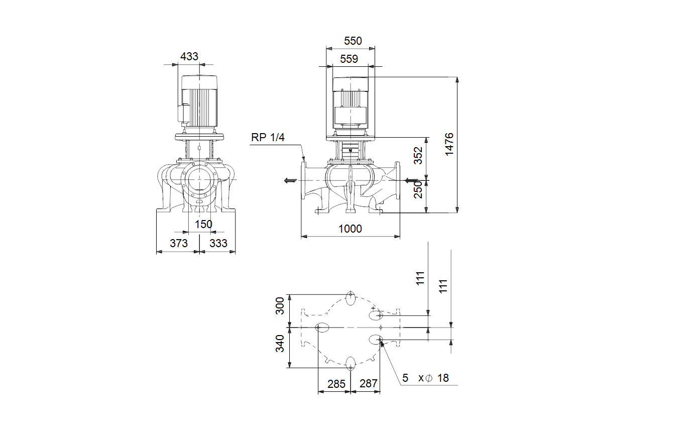 Габаритный чертёж центробежного насоса Grundfos TP 150-660/4-A-F-B-BQQE 400D 50Hz 97927167
