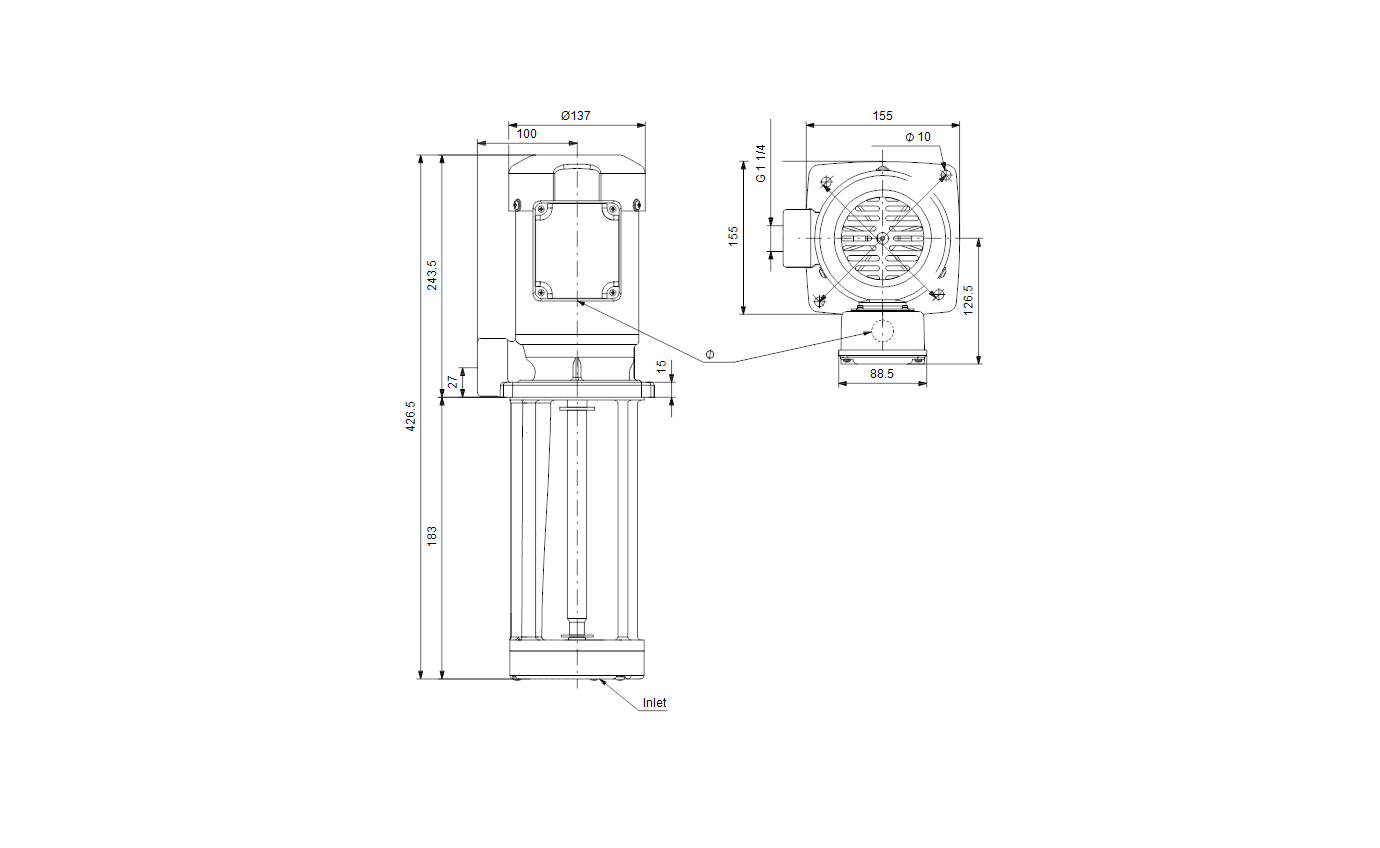 Габаритный чертёж центробежного полупогружного насоса Grundfos MTA 120-180 A-W-B-B 3x230/400V 50/60H 97989292