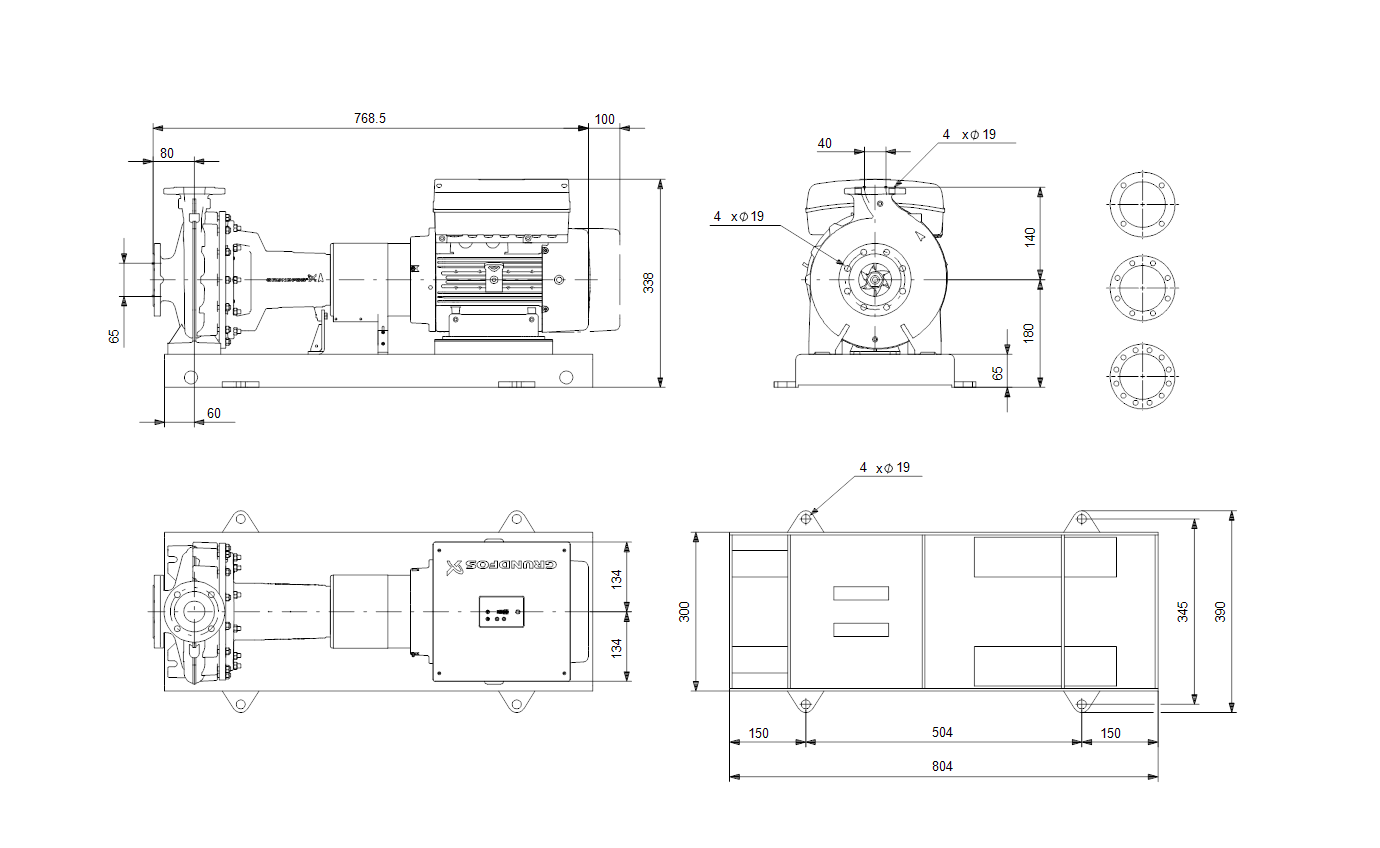 Габаритный чертёж центробежного консольного насоса Grundfos NKE40-125/116A1F2BE-SBAQE 98111746