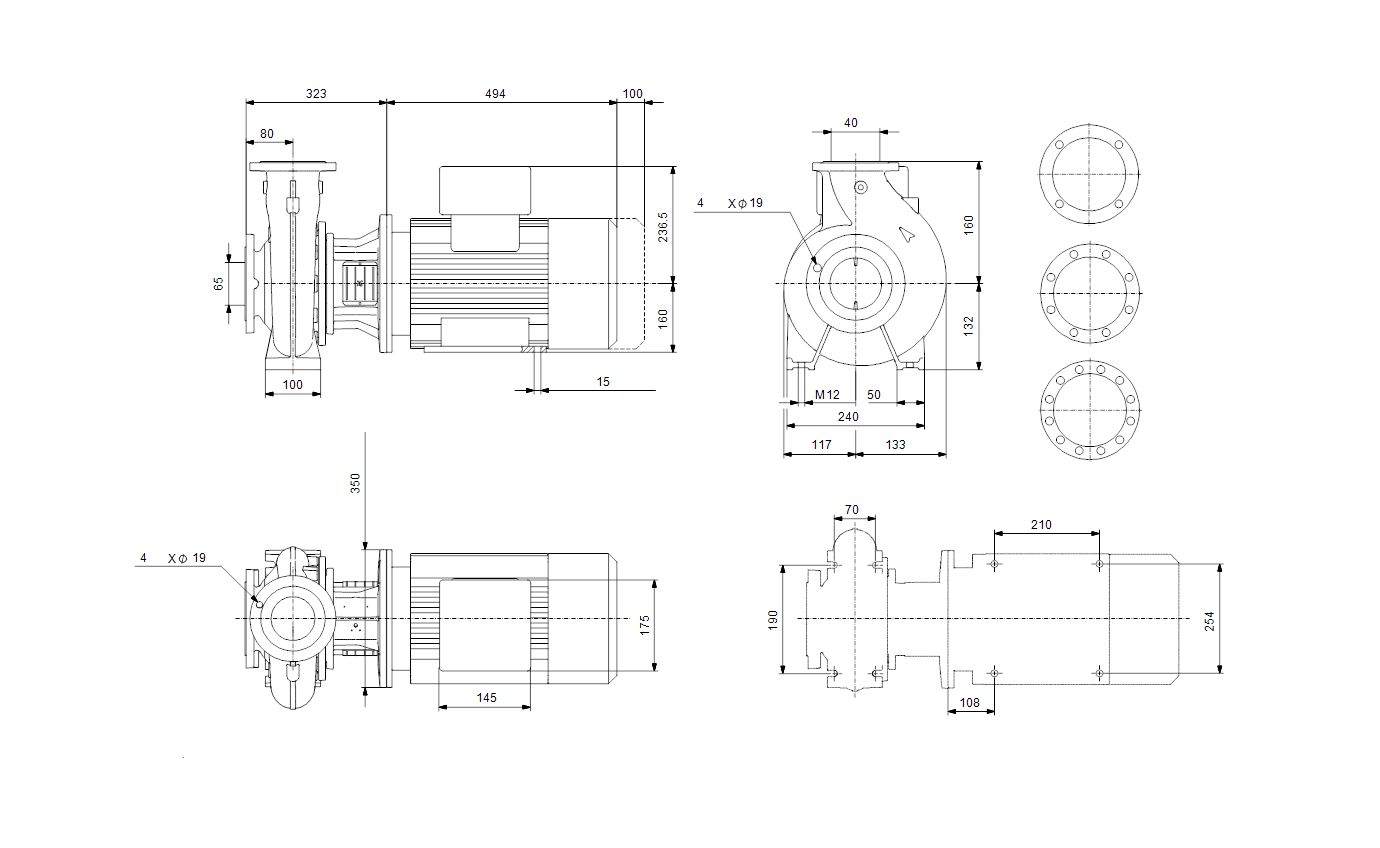 Габаритный чертёж консольно-моноблочного насоса Grundfos NB40-160/177 A-F-A-BAQE 98305089