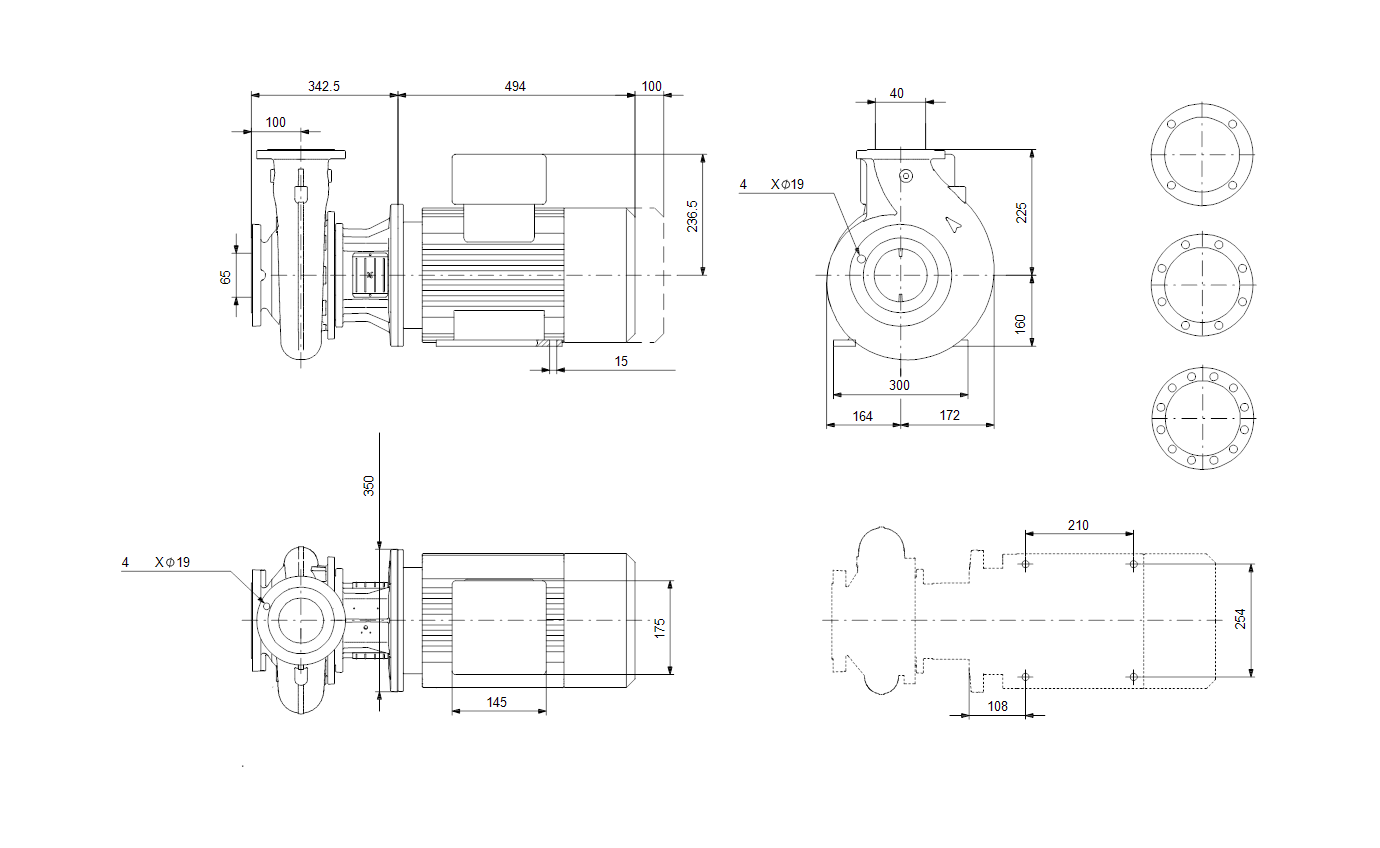 Габаритный чертёж консольно-моноблочного насоса Grundfos NB40-250/230 A-F-A-BAQE 98305095
