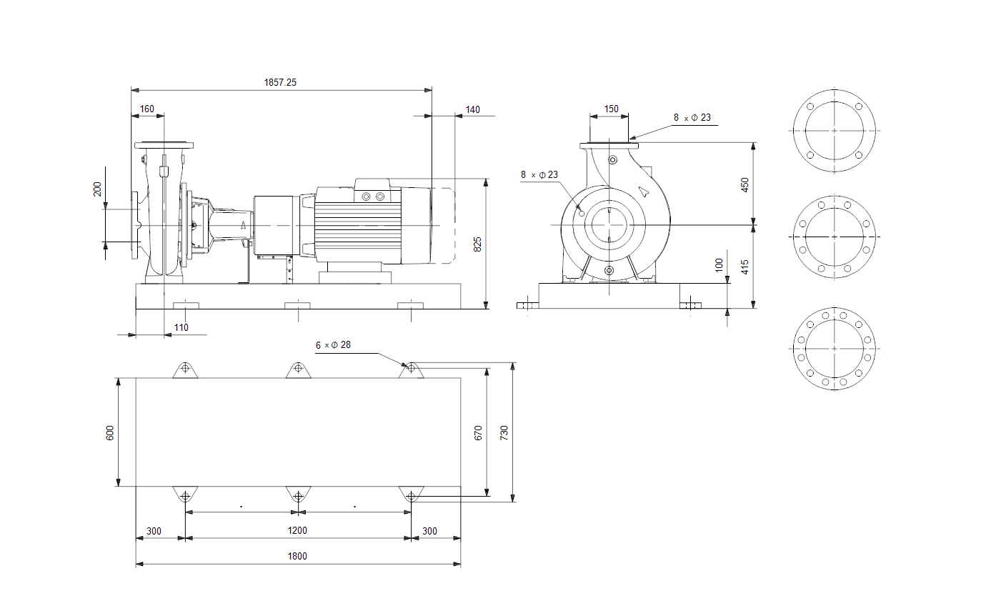 Габаритный чертёж центробежного консольного насоса Grundfos NK150-400/343A2F1AE-SBAQE 98318635