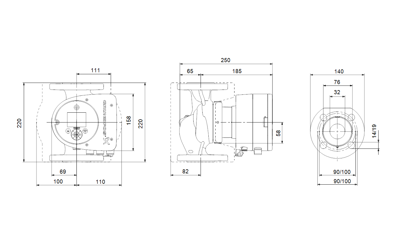 Габаритный чертёж циркуляционного насоса Grundfos MAGNA3 32-40 F 220 1x230V PN16 98333832