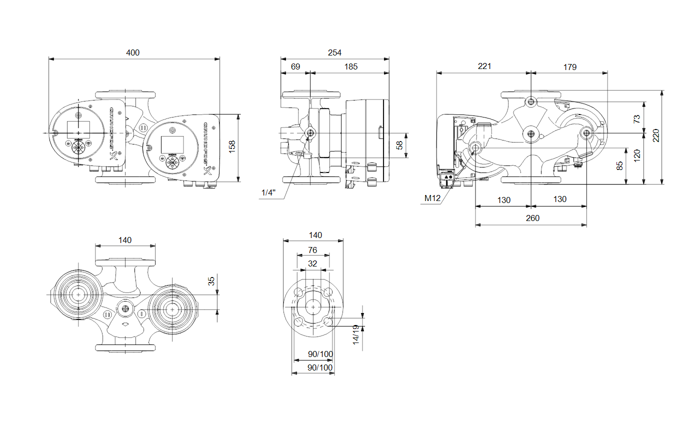 Габаритный чертёж циркуляционного насоса Grundfos MAGNA3 D 32-60 F 220 1x230V PN16 98333858