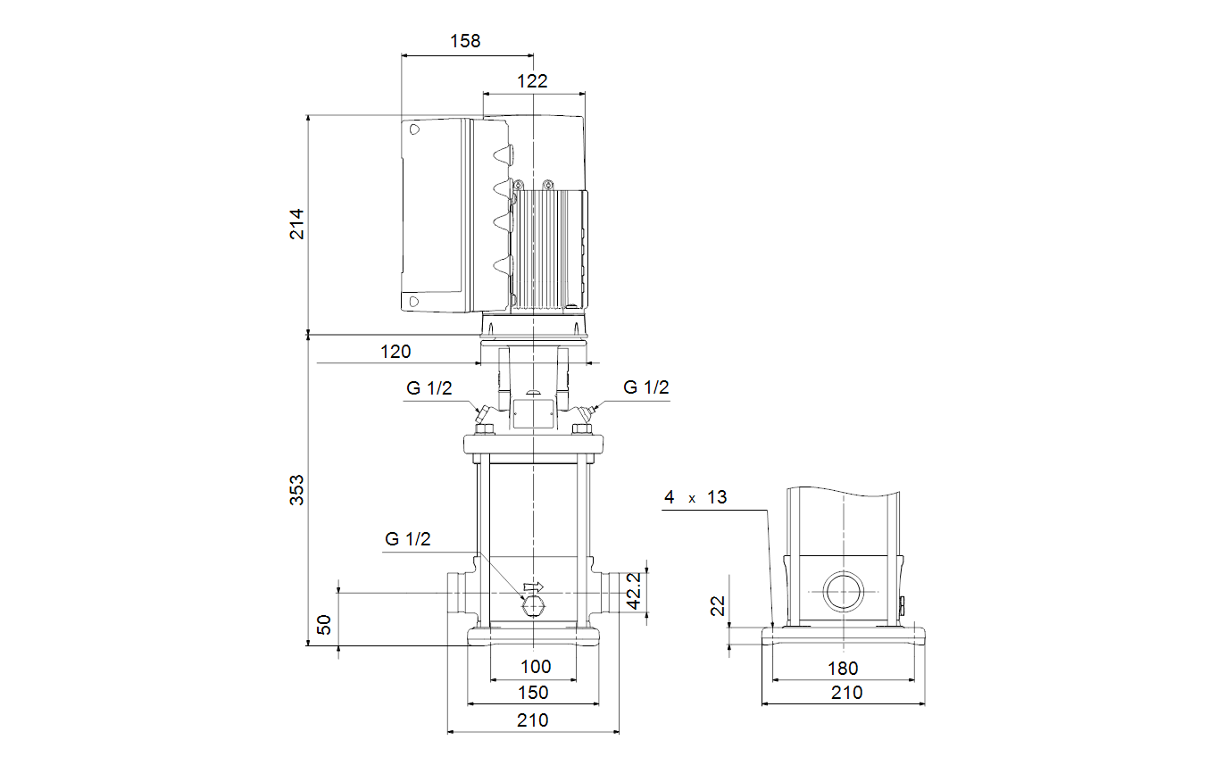 Габаритный чертёж Многоступенчатый вертикальный насос Grundfos CRNE3-8 AN-P-G-E-HQQE 1x200-240 60HZ 98389917