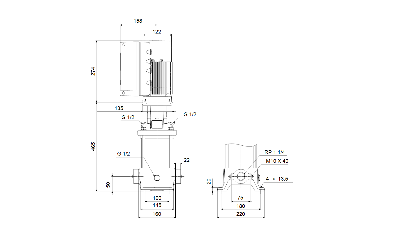 Габаритный чертёж Многоступенчатый вертикальный насос Grundfos CRE5-9 N-A-A-E-HQQE 3x380-500 60HZ 98390042